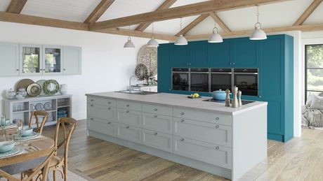 CAD designed kitchen also able to be used for kitchen, bedroom and bathroom, the kitchen has grey layon base cabinets and blue tall cabinets.